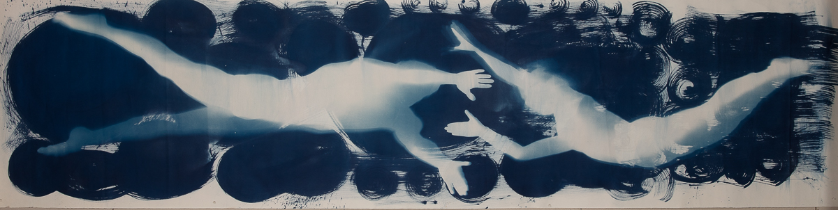 "Yonkey and Alfberg" Cyanotype on Watercolor Paper. 44" x 192"